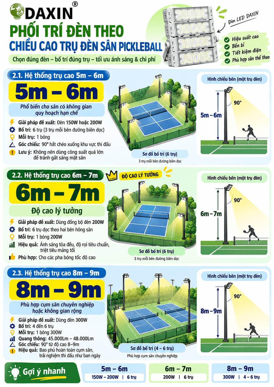 Bố trí đèn LED theo chiều cao sân pickleball